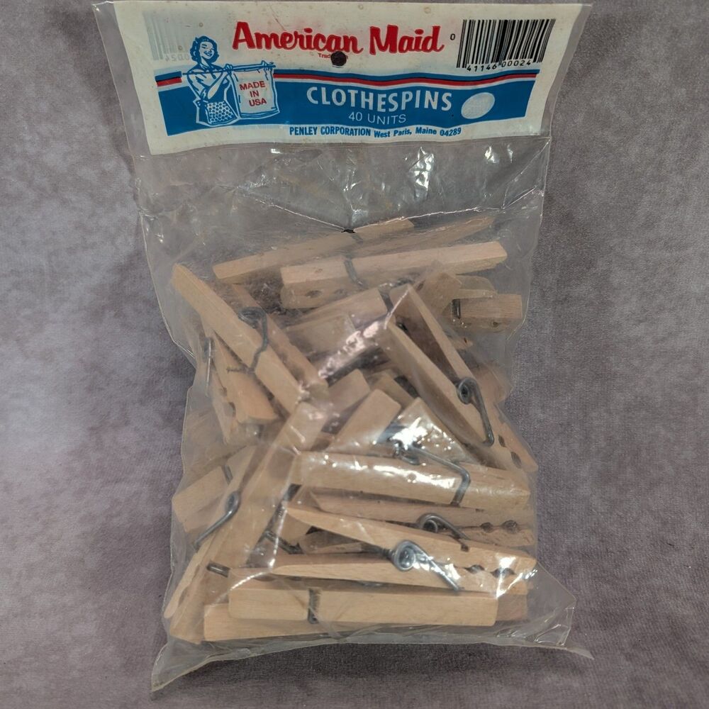 Vintage American Maid Wooden Spring Clothespins Penley USA 37/40 Open Bag Crafts